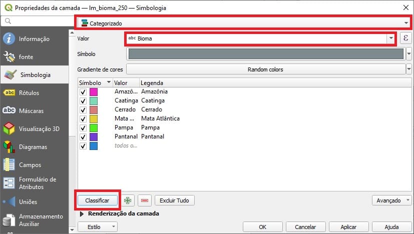 Simbologia categorizada de biomas