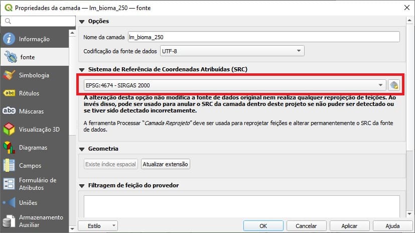 Verificação do sistema de referência de coordenadas