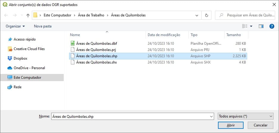 Inserir shapefiles de territórios quilombolas do Brasil no QGIS