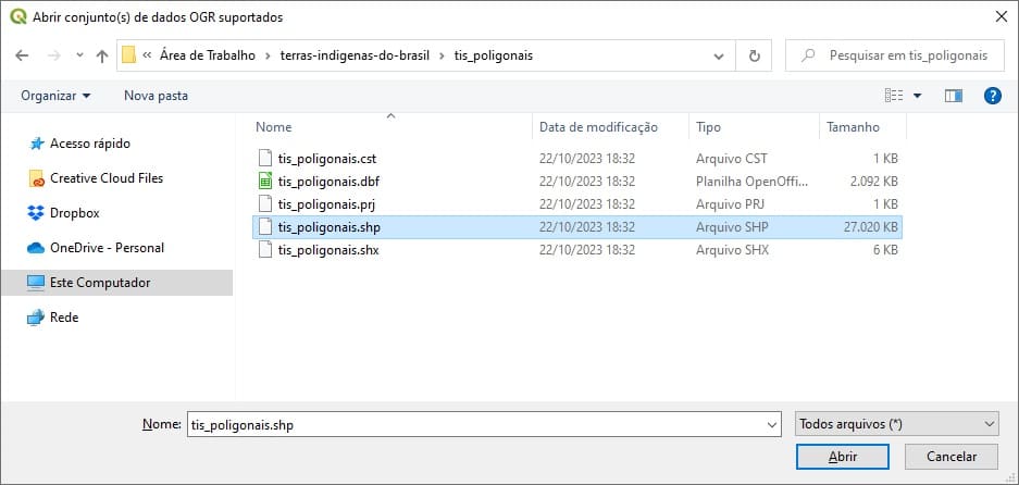 Abrir arquivos shapefiles de Terras Indígenas do Brasil no QGIS