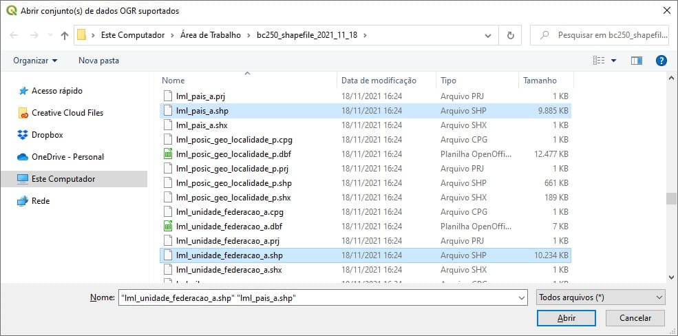 Abrir shapefiles da Base Cartográfica Contínua no QGIS