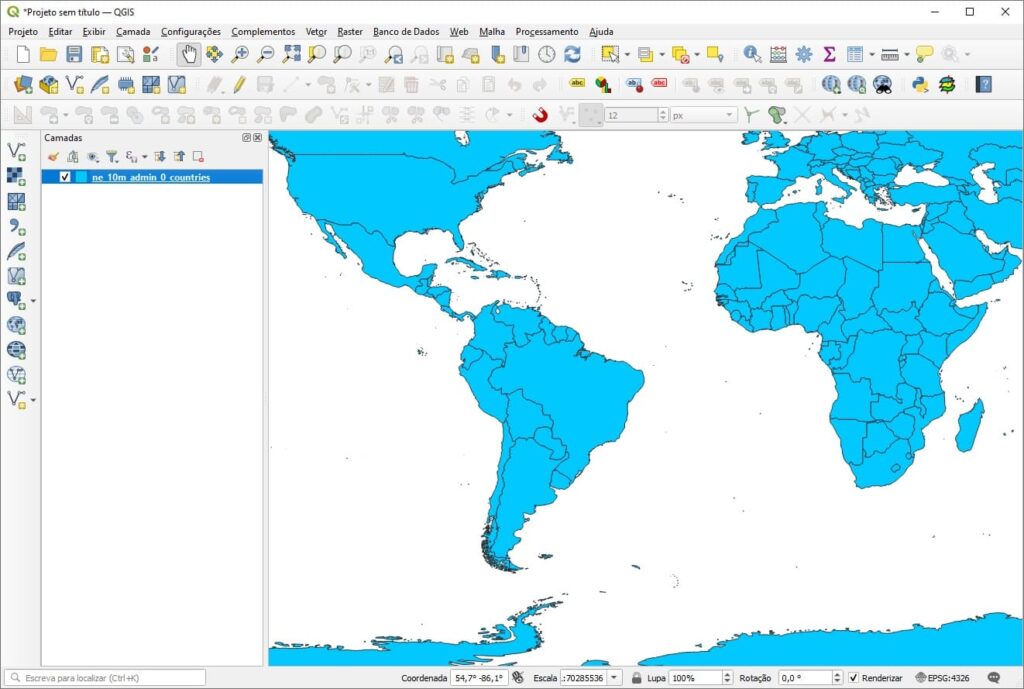 Camadas de limites dos países do mundo inserida no QGIS