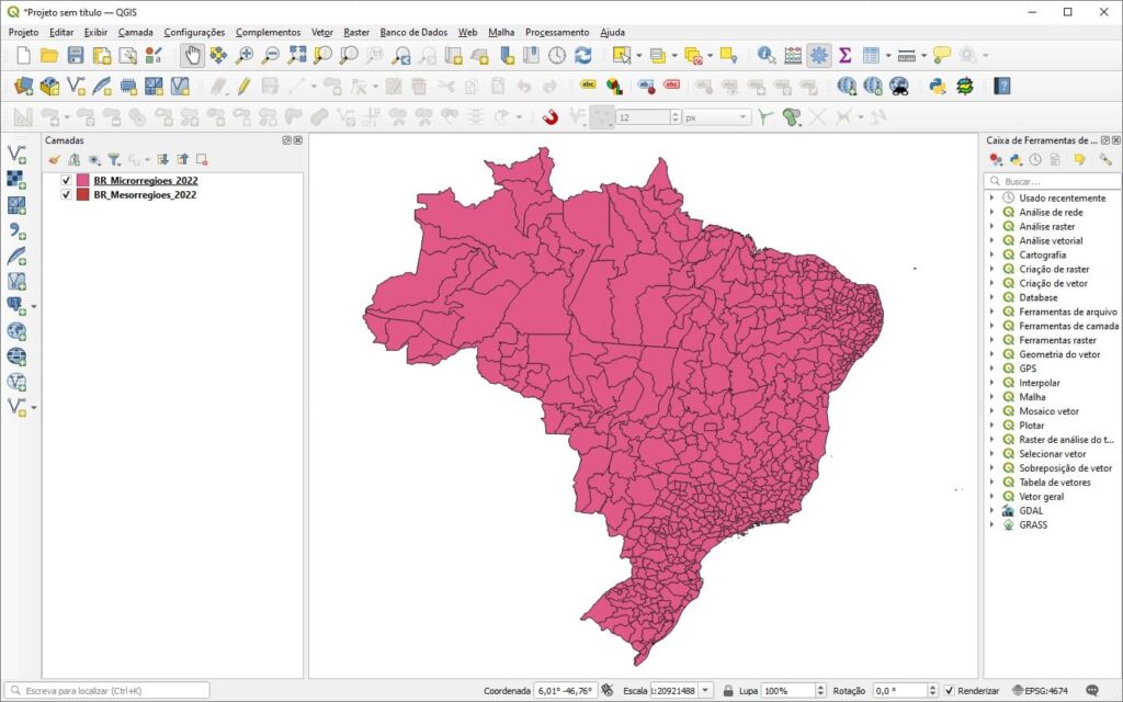 Polígonos Shapefiles das mesorregiões e microrregiões do Brasil inseridos no QGIS