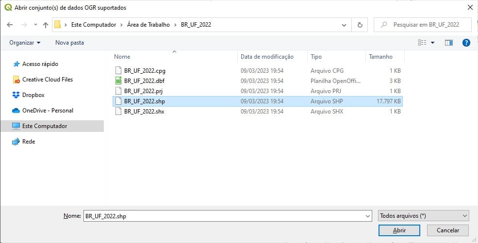 Selecionar o arquivo shapefile no QGIS