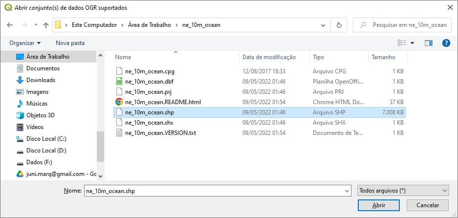 Abrir shapefiles de oceanos no QGIS