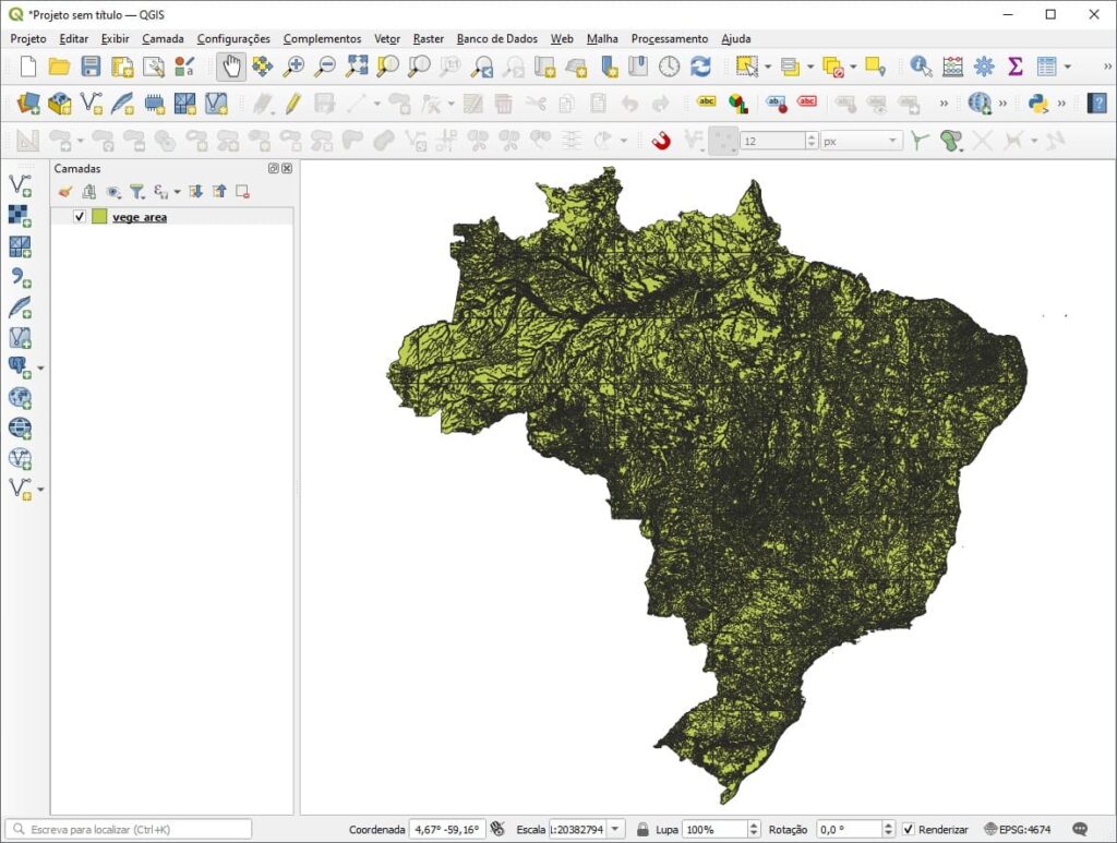 Dados de Vegetação do Brasil inseridos no QGIS