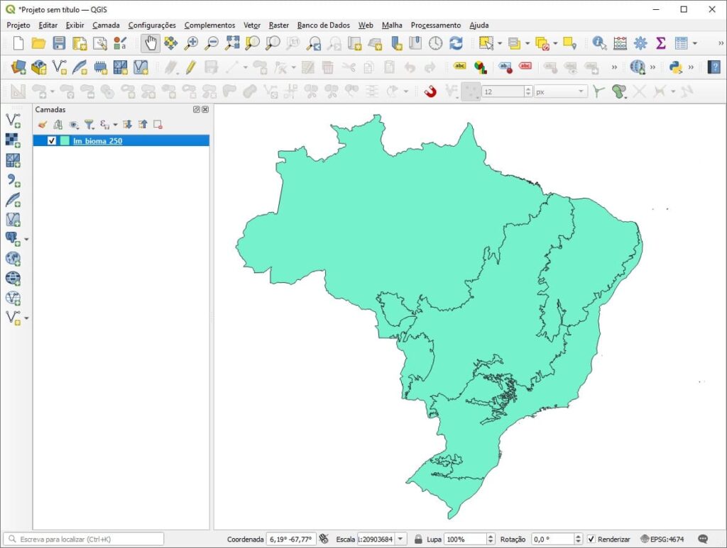 Shapefile de Biomas do Brasil inseridos no QGIS