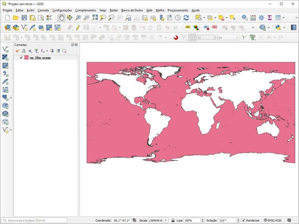 Shapefiles de oceanos inseridos no QGIS