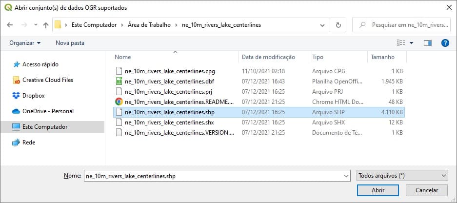 Inserir shapefile de Rios e linhas centrais de lagos do mundo no QGIS