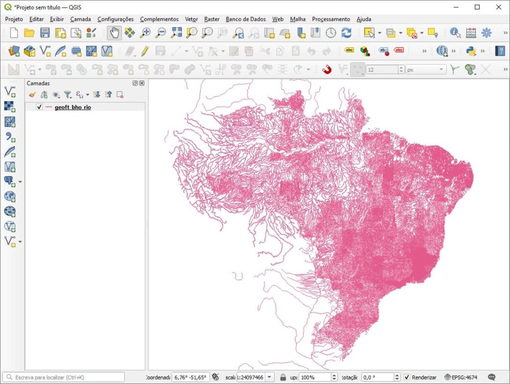 Camada de Rios do Brasil inserida no QGIS