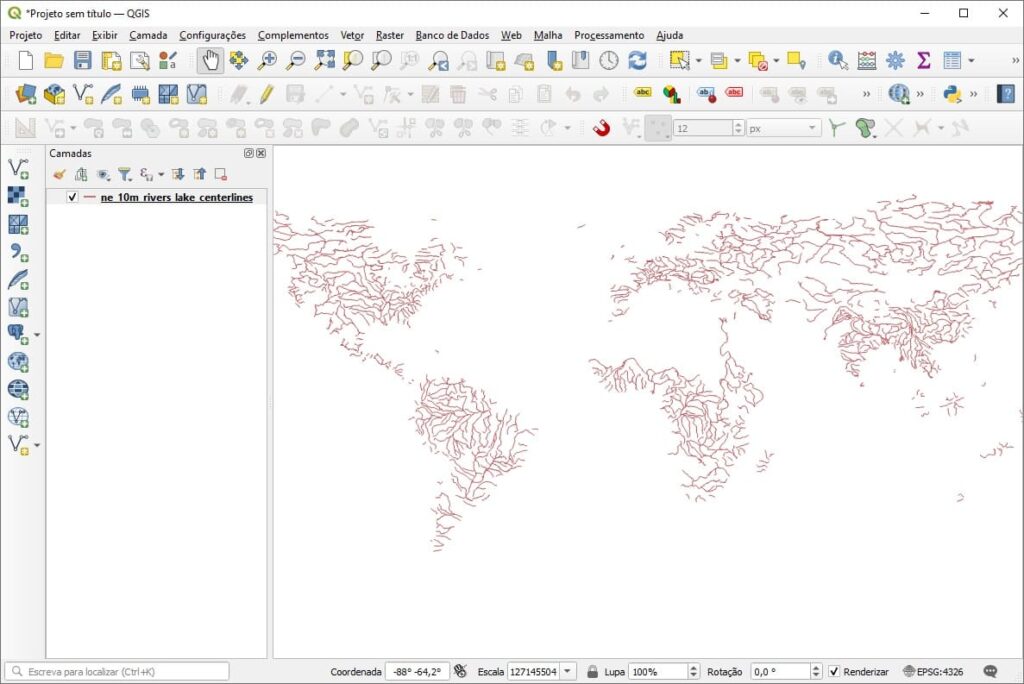 Shapefile de Rios e linhas centrais de lagos do mundo inseridos no QGIS