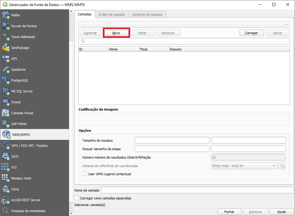 Abrir WMS no QGIS - Gerenciador de fonte de dados