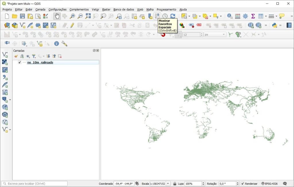 Inserir shapefile de ferrovias do mundo no QGIS