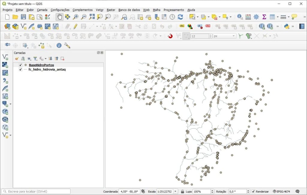 Inserir shapefile de portos e hidrovias do Brasil