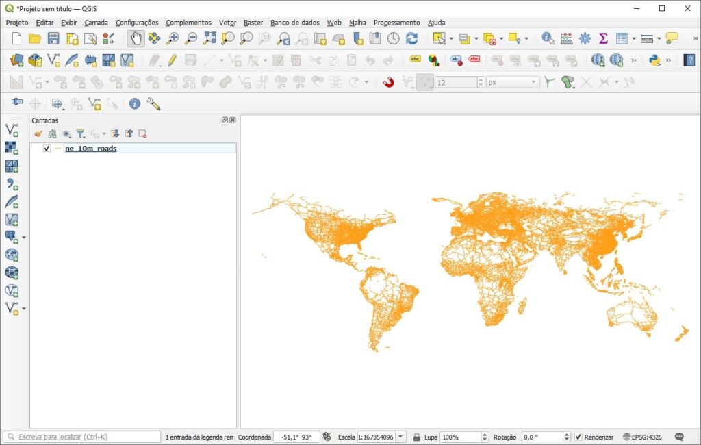 Inserir shapefile de rodovias do mundo no QGIS