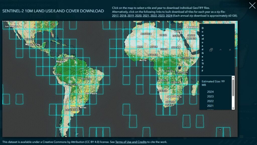 Baixar imagens de uso e cobertura por quadrante na ESRI